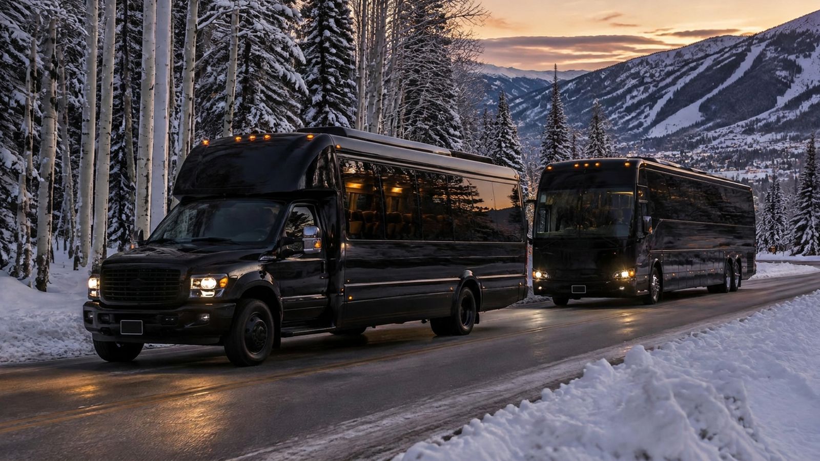 Black luxury party bus and motor coach on a snowy road among aspen trees