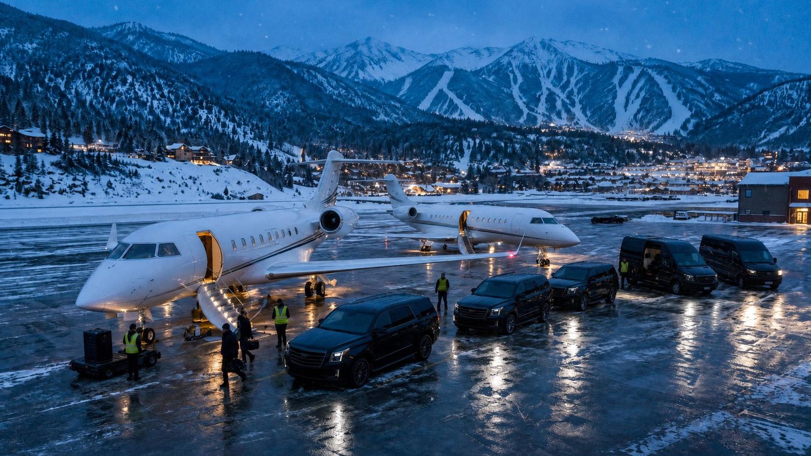 Black SUVs waiting beside private jets on the snowy ramp at Aspen airport