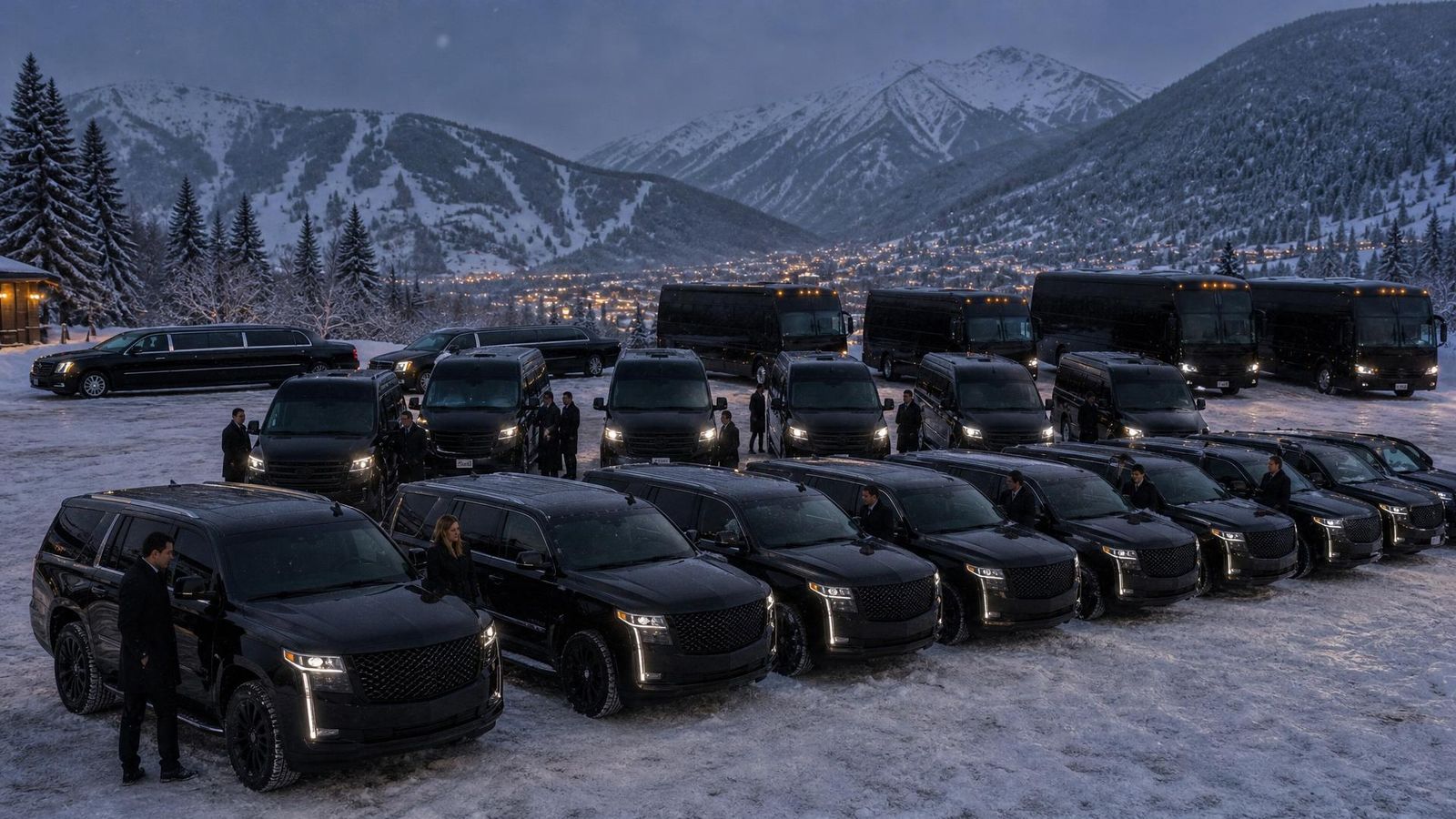 Row of black SUVs with chauffeurs, motor coaches behind, snowy Aspen lot