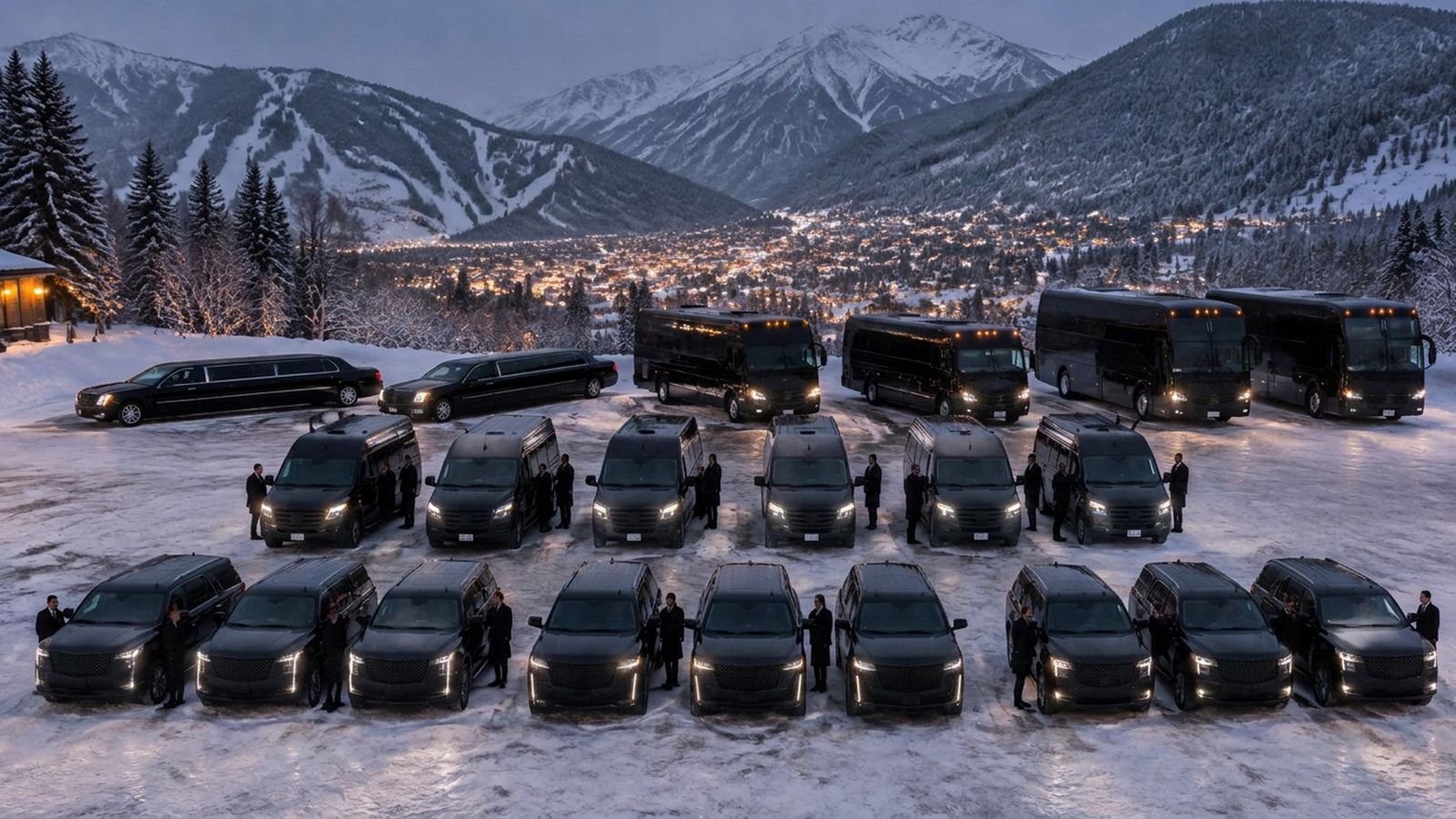 Drone view of a black limousine, Sprinter, party bus and coach fleet in the snow near Aspen