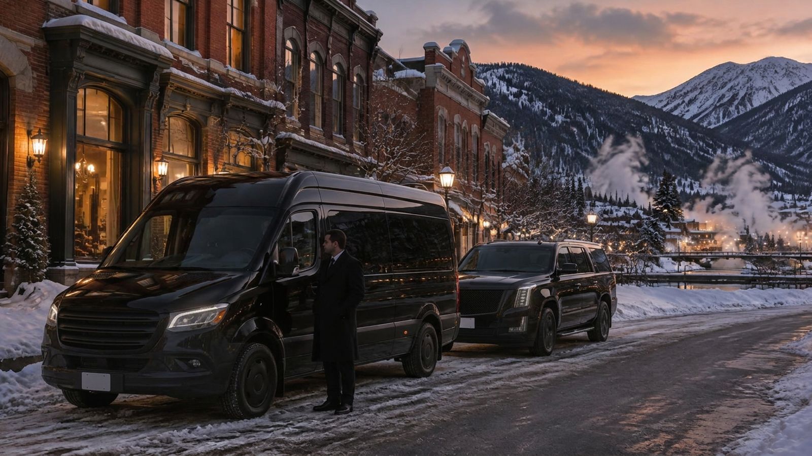 Black Mercedes Sprinter and Escalade on a snowy mountain-town street