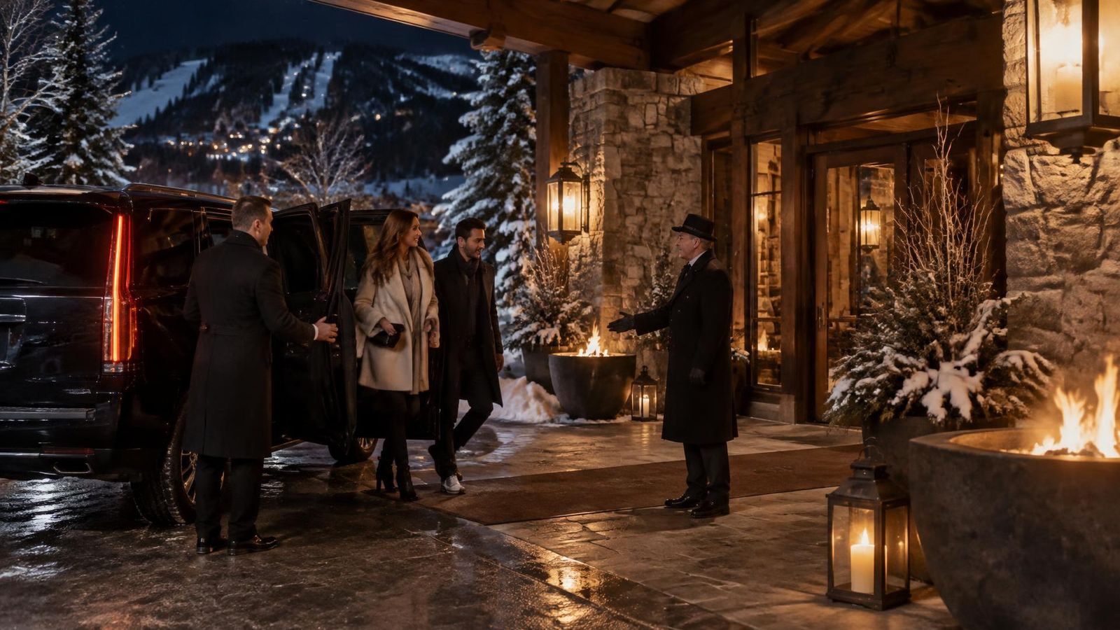 Black Cadillac Escalade at a snowy Aspen resort entrance at night