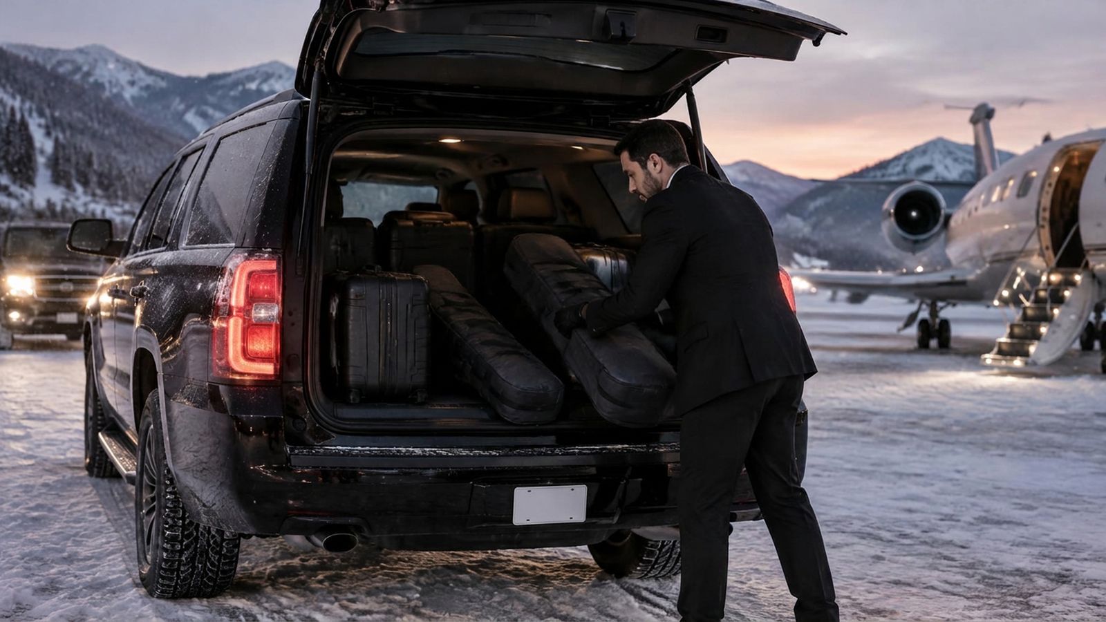 Chauffeur loading ski bags into a black Suburban at Aspen airport