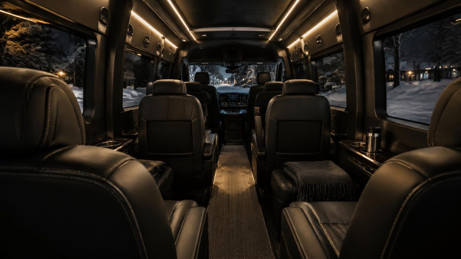 Black Sprinter limo interior with leather captain's chairs