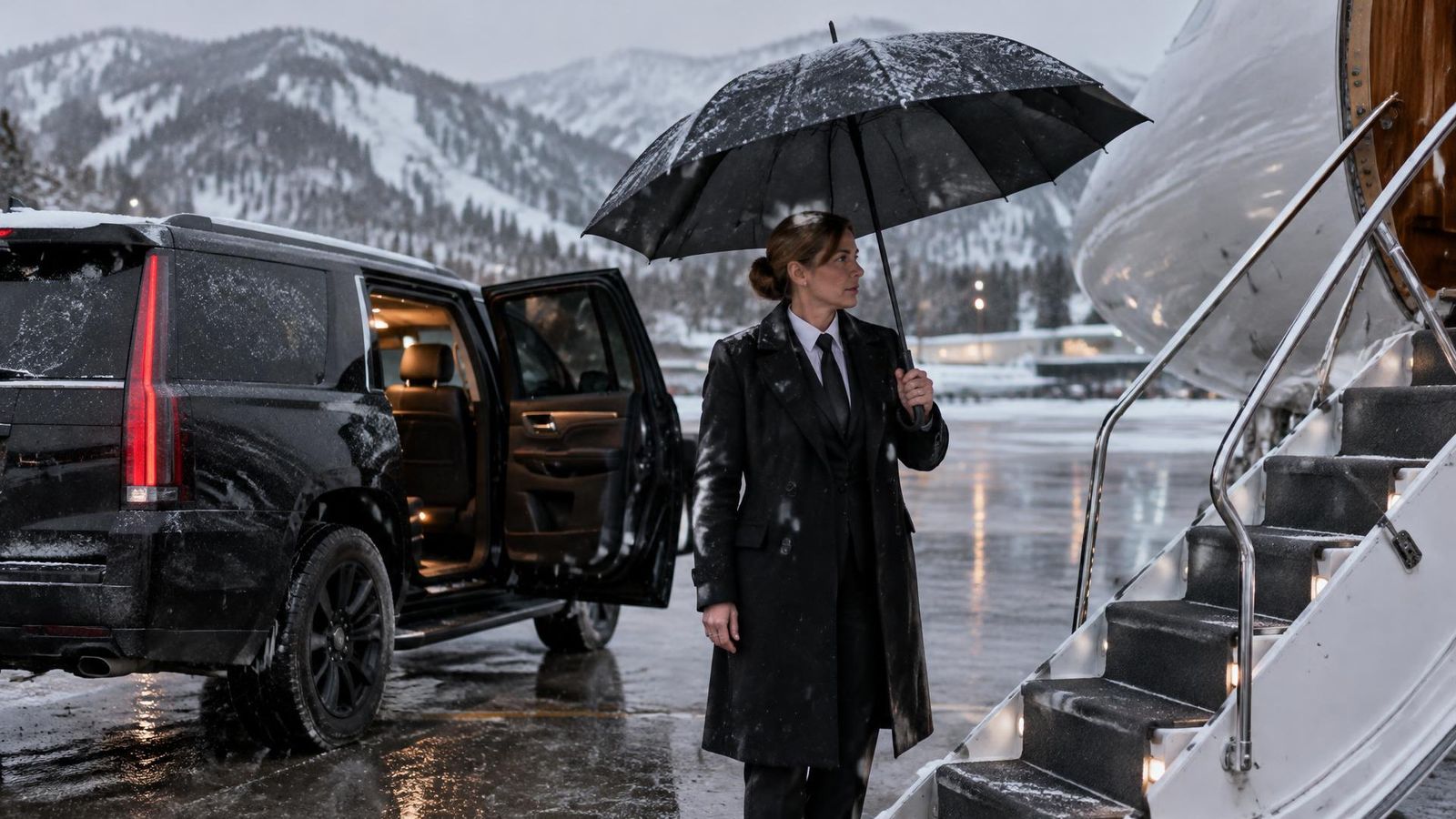 Phat Limo chauffeur with umbrella meeting a private jet in the snow at Aspen airport