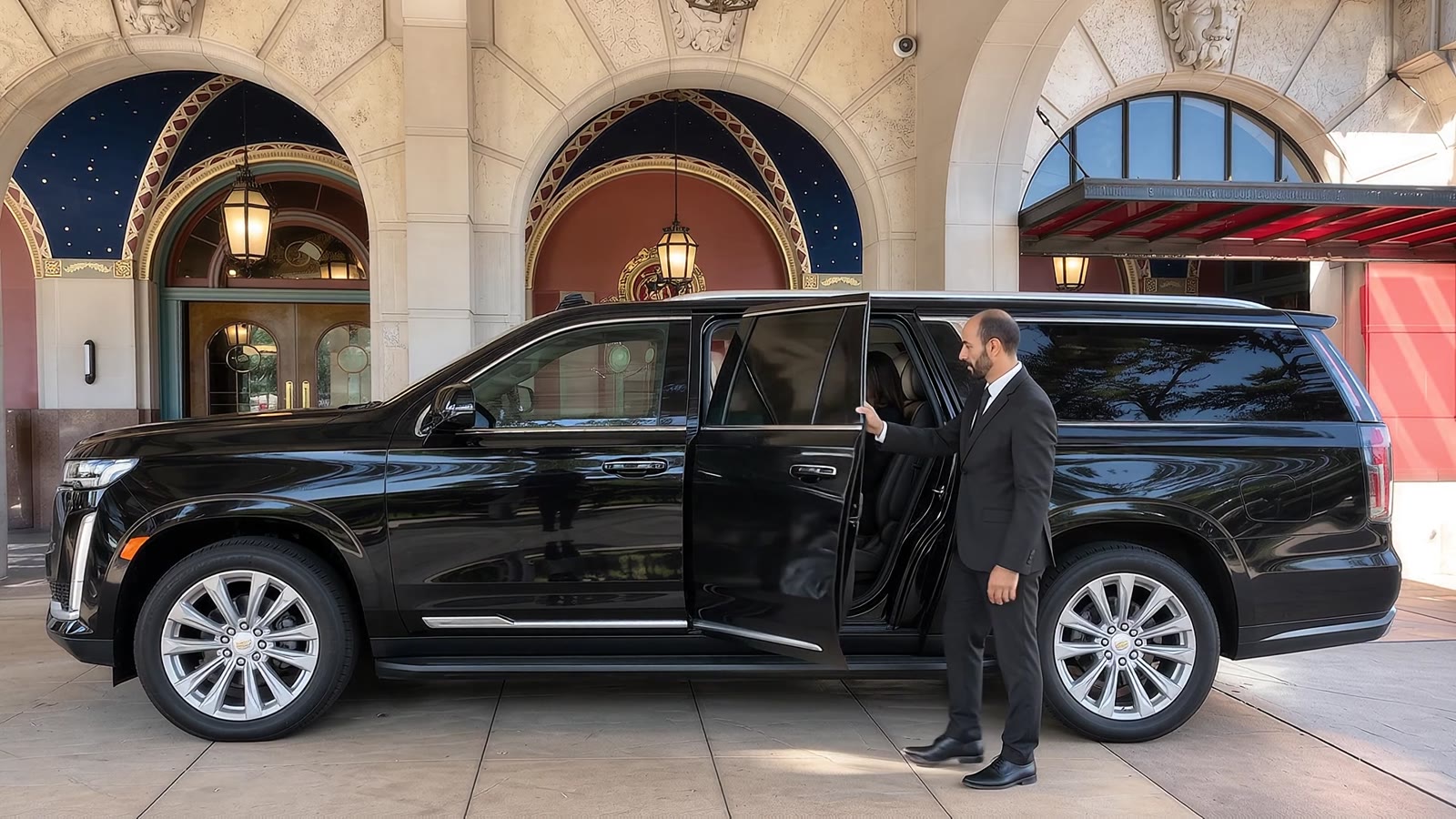 Chauffeur opening the door of a black Cadillac Escalade at The Broadmoor in Colorado Springs