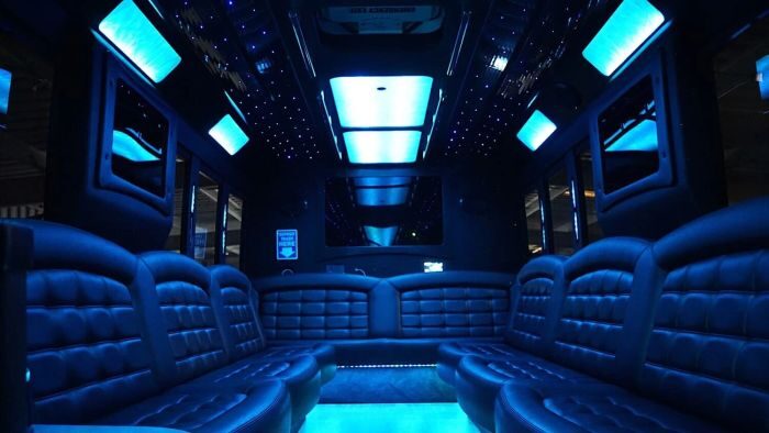 Wraparound seating and blue LED lights – Colorado limo service